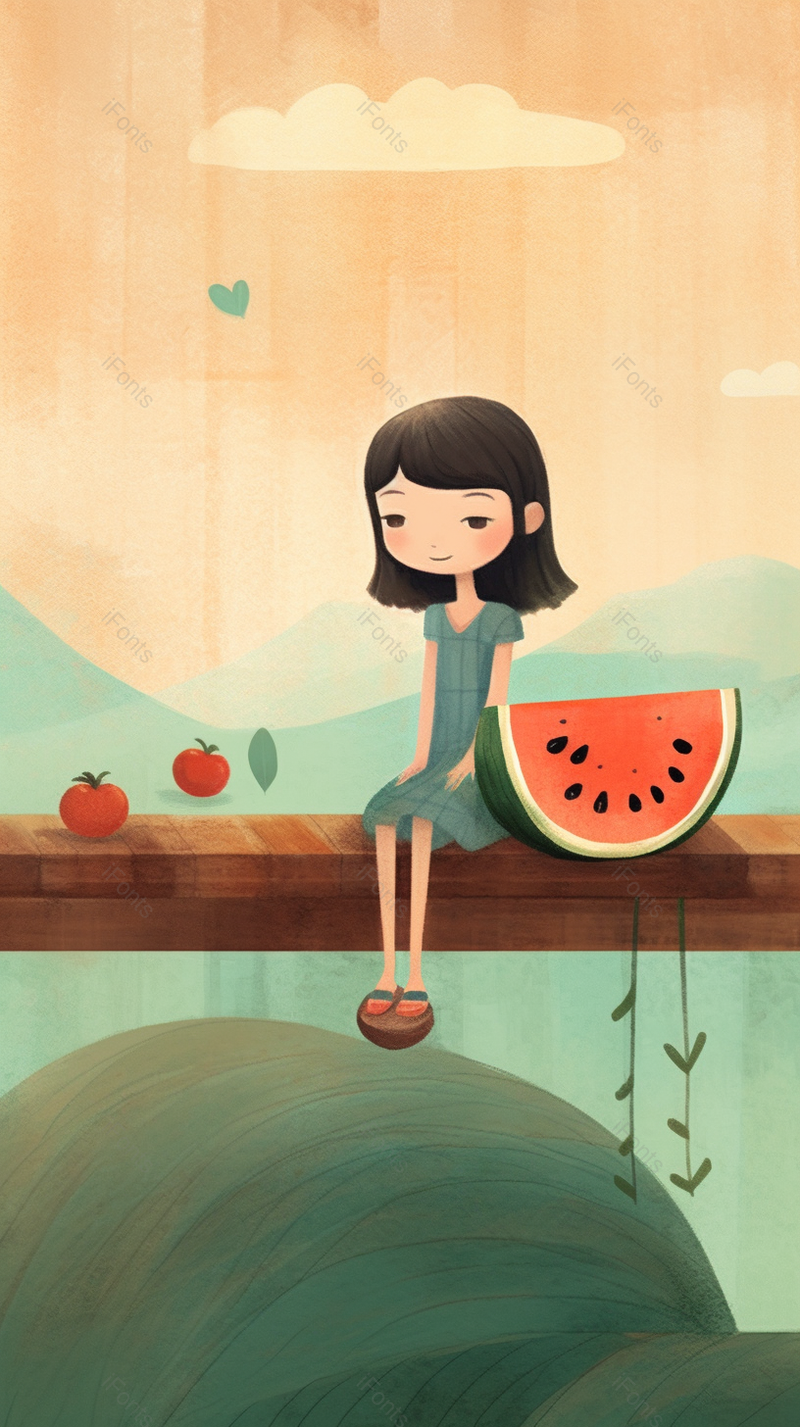 绿色小清新风格小女孩吃着西瓜插画,插画/手绘图,插画/手绘图库,插画/手绘图下载,插画/手绘